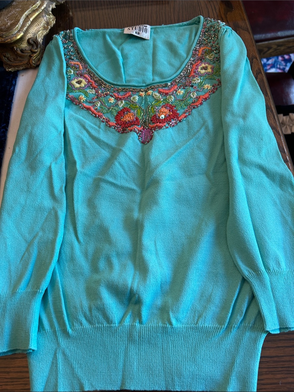 Studio 17 Turquoise Scoop Neck Sweater with Multicolor Beaded Embellishment